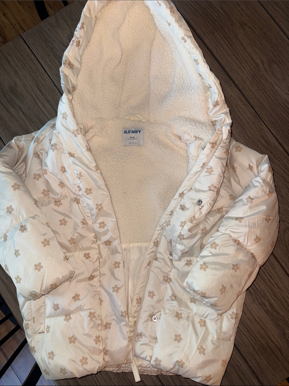 Old Navy Cream Puffer Jacket with Tan Floral Print and Sherpa Hood